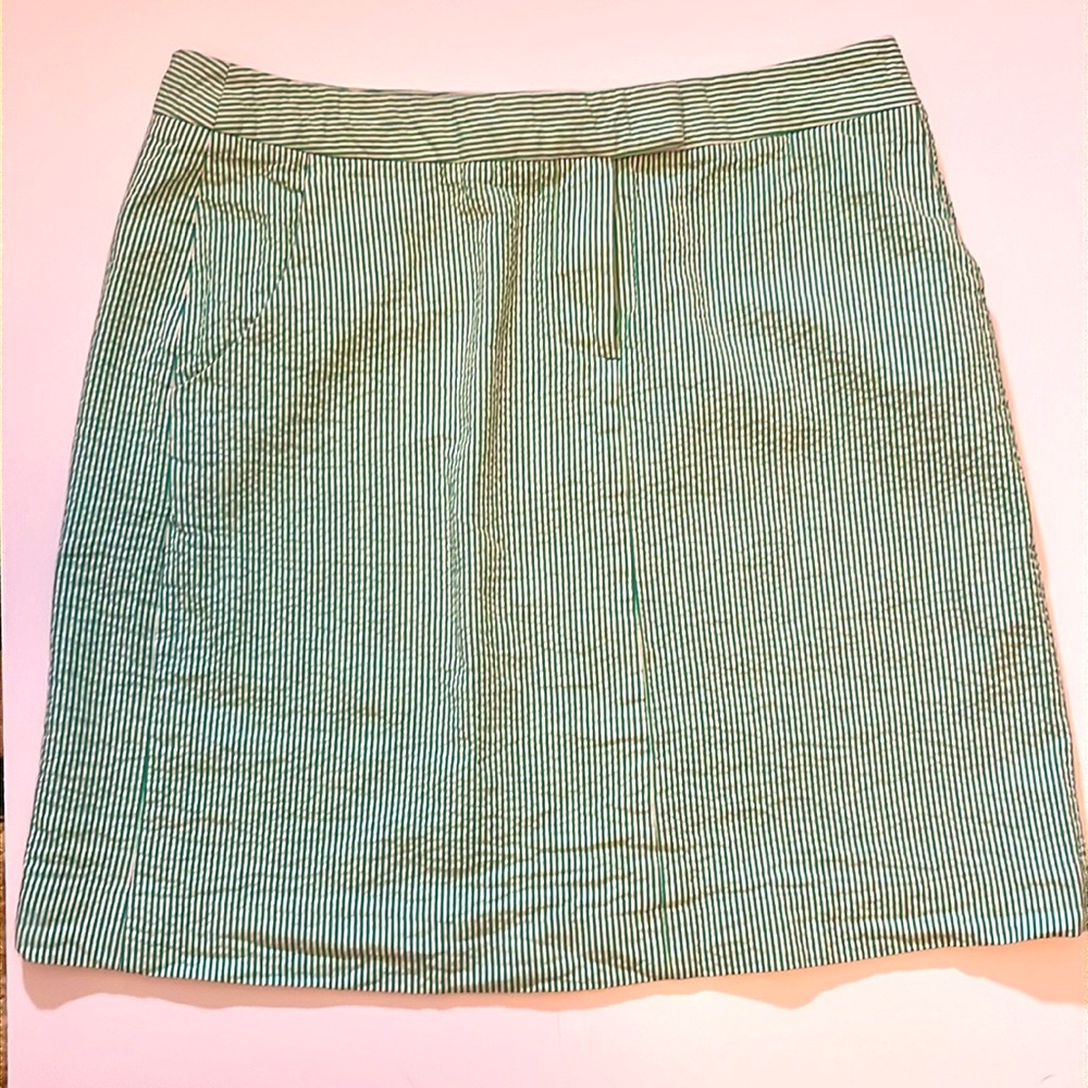Green and white striped mini skirt front sip side pockets